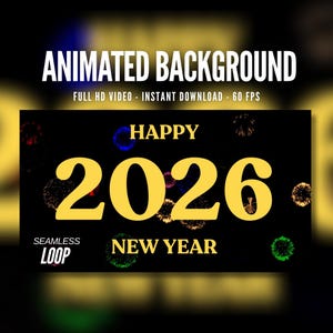 Fundo animado | Feliz Ano Novo 2026 | Fogos de artifício | Noite de celebração | Twitch | Transmissão | Papel de parede ao vivo | AB138