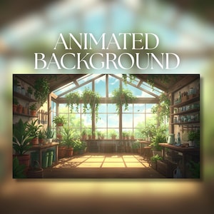 Puede incluir: Ilustración de un invernadero soleado con plantas en macetas y vegetación colgante. El texto "ANIMATED BACKGROUND" sugiere su uso como fondo animado para proyectos visuales.