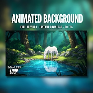 Sfondo animato / Foresta incantata / Unicorno bianco / Fantasia serena / Natura magica / Twitch / Streaming / Sfondo animato / AB134