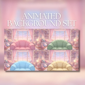 Peut inclure: Ensemble de fonds d'écran animés présentant quatre scènes de chambre à coucher. Chaque scène comprend un canapé incurvé rose, vert, bleu et jaune. Le texte "ANIMATED BACKGROUND SET" est affiché en blanc en haut de l'image.