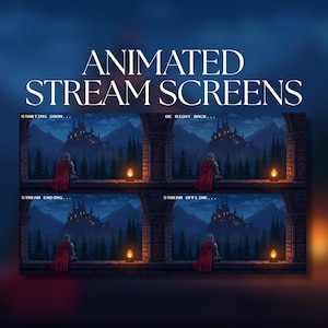 May include: Animated stream screens with a medieval fantasy theme. Each screen features a pixelated illustration of a knight in red, overlooking a castle and forest. Text includes "Starting Soon," "Be Right Back," "Stream Ending," and "Stream Offline."