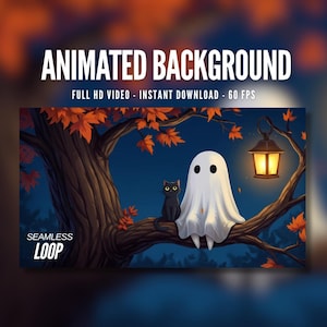 Puede incluir: Fondo animado con temática de Halloween. Un fantasma blanco con ojos negros está sentado en la rama de un árbol con un gato negro. El árbol tiene hojas naranjas y una linterna. El texto dice "Animated Background" y "Seamless Loop."