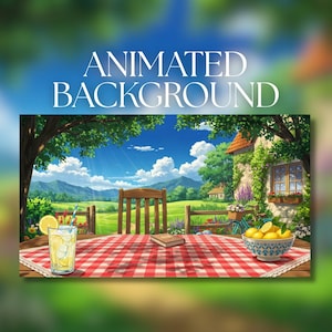 May include: Animated background image of a sunny outdoor scene. A red and white checkered tablecloth covers a table with a glass of lemonade, a book, and a bowl of lemons. The text "ANIMATED BACKGROUND" is at the top.