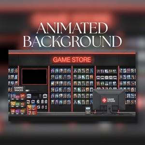 May include: Animated background image of a game store interior. The store features shelves filled with game cases, a monitor, and a display of gaming snacks. The text "GAME STORE" is displayed in a neon sign.