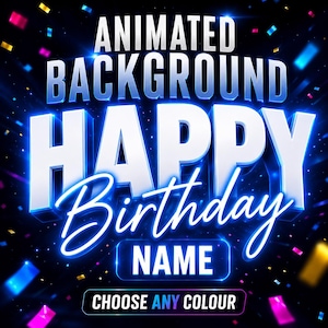 May include: A digital graphic featuring the text ANIMATED BACKGROUND HAPPY BIRTHDAY NAME with the phrase CHOOSE ANY COLOUR at the bottom. The design includes bold white 3D lettering against a dark background filled with colourful confetti.