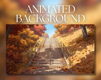 May include: An animated background featuring a set of concrete stairs leading upward through a park during autumn. The scene includes metal railings on both sides, with trees displaying orange and yellow foliage and fallen leaves on the ground.