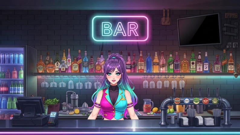 Animated Background | Neon Cocktail Bar Interior With Colorful Bottle ...