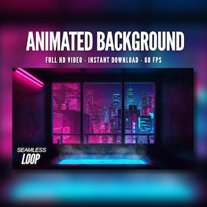 Animated Background | Cyberpunk City View from Neon Bath | Rainy Window | Futuristic Skyline | MP4 Digital Download for Streaming | AB20