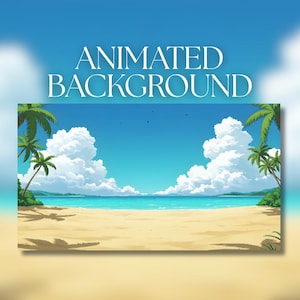 May include: A digital illustration of a tropical beach scene featuring a sandy shore, turquoise ocean water, and lush green palm trees under a bright blue sky with large white clouds. The text ANIMATED BACKGROUND is centered above the image.