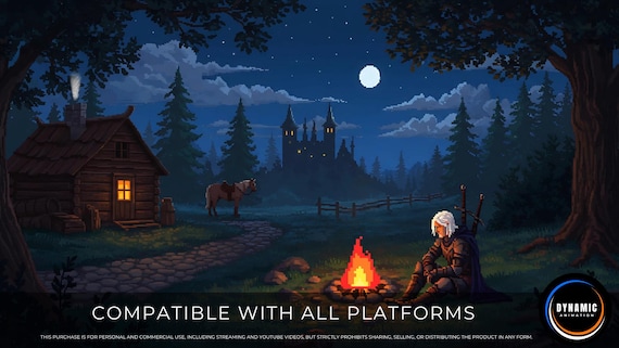 Fondo animado Caballero pixelado Fogata Bosque iluminado por la luna  Castillo distante Descarga digital MP4 para streaming AB212