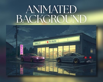 Fondo animado / Noche lluviosa en tienda japonesa / Coches JDM inactivos / Parada a medianoche / Descarga digital MP4 / AB204