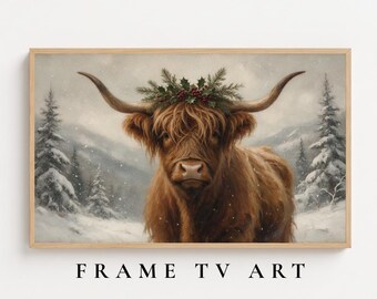 Frame TV Art | Christmas Highland Cow with Holly Wreath | Winter Snowy Mountain Wildlife | Oil Painting | Digital Download | TV21