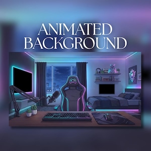 Puede incluir: Una ilustración digital animada de una sala de juegos con un escritorio, teclado, ratón, micrófono, una silla gaming con contornos de neón, una cama, estanterías y una pantalla de televisión, con el texto ANIMATED BACKGROUND arriba.