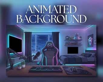 May include: An animated digital illustration of a gaming room featuring a desk with a keyboard, mouse, and microphone, a gaming chair with neon outlines, a bed, shelves, and a television screen, with the text ANIMATED BACKGROUND displayed above.