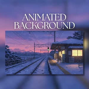 Puede incluir: Imagen de fondo animada de una estación de tren nevada al anochecer. La imagen presenta una vía de tren, una estación con ventanas iluminadas y el texto "ANIMATED BACKGROUND" en blanco.