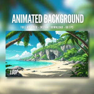 Animated Background | Tropical Island Beach with Palm Trees | Ocean Cave View | MP4 Digital Download for Streaming | AB195