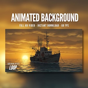 Sfondo animato / Barca di cacciatori di squali al tramonto / Vista sull'oceano / Uccelli in volo / Twitch / Streaming / Sfondo animato / AB289
