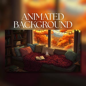 Fondo animado / Rincón de lectura otoñal acogedor / Lluvia y hojas cayendo / Iluminación cálida / Descarga digital MP4 para streaming / AB540