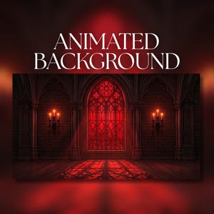 May include: An animated background featuring a dark stone room with a large arched window glowing in red light. Two wall-mounted candle sconces with three lit candles each flank the window. The text "ANIMATED BACKGROUND" is centred above.