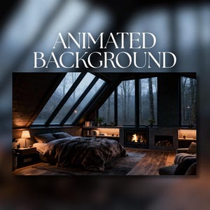 Könnte beinhalten: Ein gemütliches Schlafzimmer mit einem großen Bett, Kamin und großen Fenstern mit Blick auf einen Wald. Der Text "ANIMATED BACKGROUND" ist oben zu sehen. Der Raum ist mit warmer Beleuchtung beleuchtet.