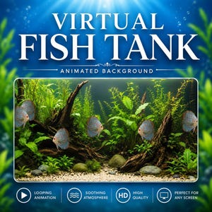 Könnte beinhalten: Eine digitale Anzeige mit dem Titel VIRTUAL FISH TANK ANIMATED BACKGROUND, die eine hochauflösende Szene mit mehreren blauen und orangefarbenen Diskusfischen zeigt, die zwischen grünen Wasserpflanzen, Treibholz und Steinen schwimmen.