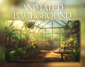 Fond animé | Intérieur de serre cosy | Plantes, table basse et jardin ensoleillé | Téléchargement numérique MP4 | AB257