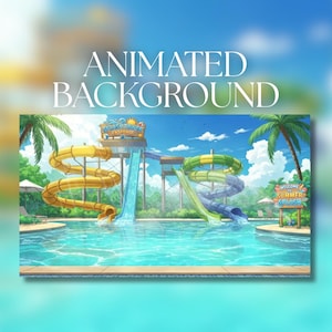 Pode incluir: Uma ilustração de fundo animada de um parque aquático com uma piscina, um escorregador amarelo em espiral, um escorregador azul reto e um escorregador verde e azul em espiral. Uma placa diz Splash Tower Entrance e outra Welcome to Summer Splash.