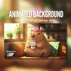 Animated Background | Capybara with Coffee and Donut | Cozy Cute Animal | MP4 Digital Download for Streaming | AB252