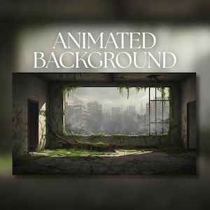 Animerad bakgrund | Övergivet rum med utsikt över igenvuxna stadsruiner | Postapokalyptisk | MP4 digital nedladdning | AB101