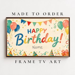 Może przedstawiać: Prostokątny cyfrowy wydruk artystyczny na ekran telewizora z napisem "HAPPY Birthday!" wykonanym kolorową czcionką w stylu malowanym ręcznie. Projekt zawiera świąteczne balony, girlandy, czapeczki imprezowe i konfetti na kremowym tle.