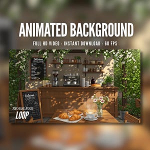 Sfondo animato / Affascinante bar all'aperto / Fiori in fiore / Croissant freschi / Tazza di caffè / Twitch / Stream / Sfondo animato / AB371