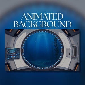 May include: A digital illustration of a submarine porthole looking out into a deep blue ocean with seaweed. The frame is light gray with orange accents and a blue LED ring. A small screen on the left displays technical data and a submarine icon.