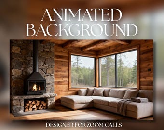 Animated Background | Cozy Forest Cabin Living Room | Fireplace & Large Windows | Zoom Video Call Backdrop | Digital Download | AB721