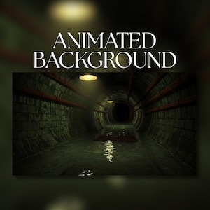 Pode incluir: Um fundo animado apresentando um túnel cilíndrico de pedra escura com água no chão, canos vermelhos ao longo das paredes e luzes suspensas. O texto ANIMATED BACKGROUND é exibido em letras maiúsculas brancas acima da cena do túnel.
