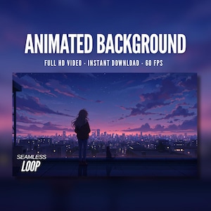 アニメーション背景 | 屋上からの夕日の街の景色 | 女の子と猫 | 落ち着いたスカイラインの雰囲気 | ストリーミング用 MP4 デジタルダウンロード | AB272