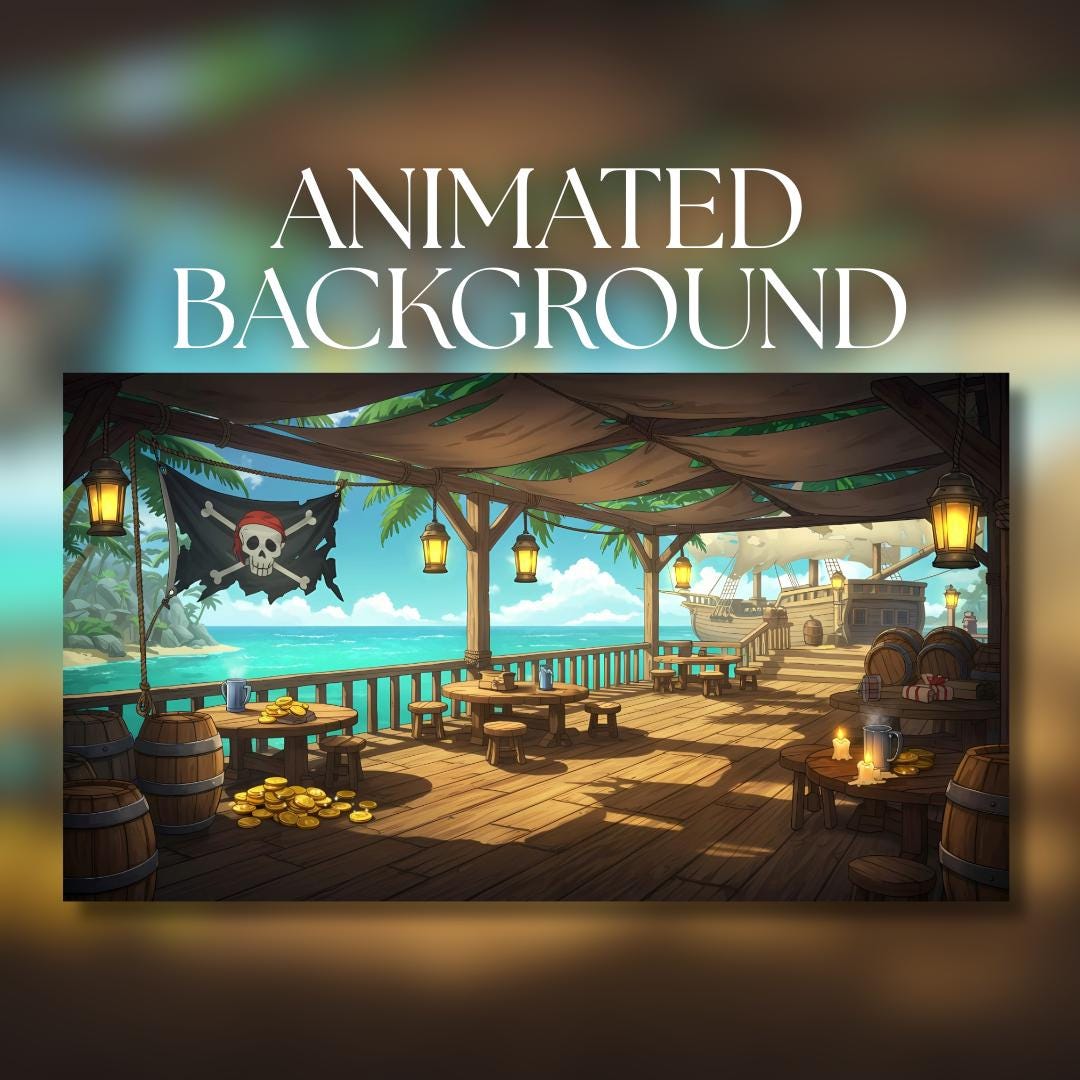 Animierter Hintergrund | Piraten-Taverne am Meer mit Schatzmünzen & Laternen | Tropisches Ozeandeck Ambiente | MP4 Digitaler Download | AB698