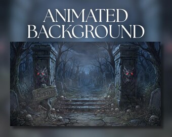 May include: An animated background featuring a dark, eerie cemetery scene at night. Two stone pillars with glowing red-eyed gargoyle carvings flank a path. A wooden sign reads CEMETERY, surrounded by scattered human skulls and bones in the grass.