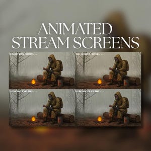 Animerade streamskärmar | Pixelkonst Hazmat Survivor vid lägereld | Börjar snart | Är snart tillbaka | Stream slutar | Offline | SS24