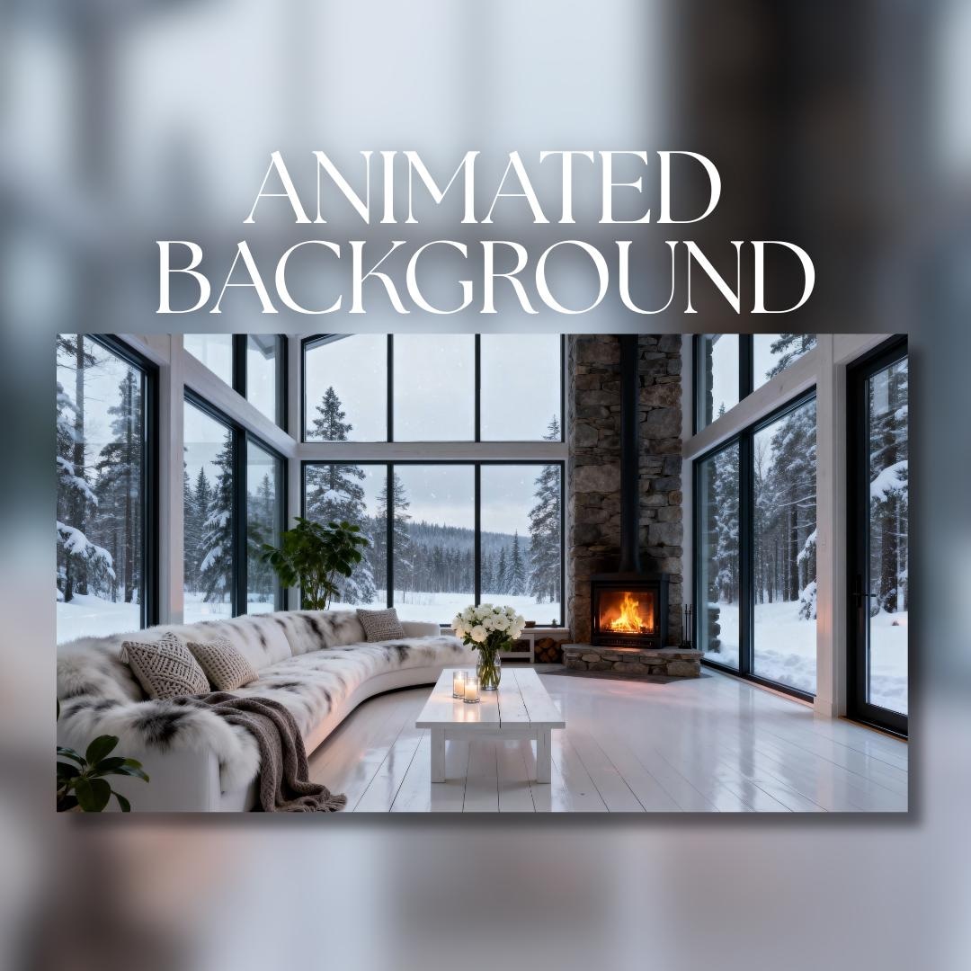 Animated Background | Modern Winter Cabin Living Room | Snowfall Forest ...