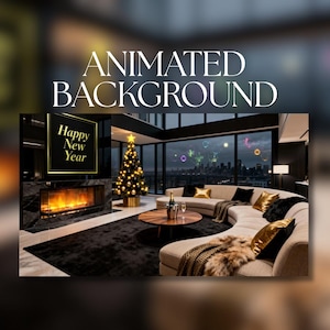 Peut inclure: Scène d'intérieur avec le texte "ANIMATED BACKGROUND" et une enseigne "Happy New Year". Un sapin de Noël avec des ornements dorés et une étoile au sommet est illuminé. Un canapé beige incurvé avec des coussins dorés et noirs fait face à une cheminée.