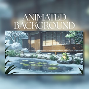 Könnte beinhalten: Animierter Hintergrund mit einem japanischen Garten im Winter. Ein Haus, ein Teich mit Seerosen und ein grüner Frosch sind zu sehen. Der Text "ANIMATED BACKGROUND" steht oben.