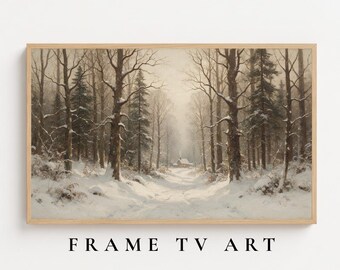 May include: A rectangular landscape painting in a light wood frame depicting a snowy forest scene with tall, bare trees and evergreen pines. A small cabin with a glowing light sits in the distance at the end of a snow-covered path.