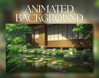 Geanimeerde achtergrond | Vreedzame Japanse tuinvijver met kikker en lotusbloemen | Serene zomeranimescène | Digitale mp4-download | AB349