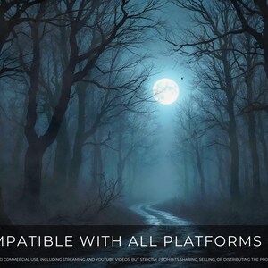 May include: A digital illustration of a dark, misty forest at night, illuminated by a full moon. Bare trees line a winding path, creating a spooky atmosphere. The text "COMPATIBLE WITH ALL PLATFORMS" is at the bottom.