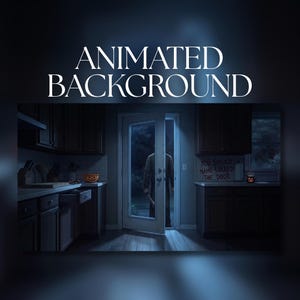 May include: An animated digital background featuring a dark kitchen interior with a glass door leading outside. A figure stands in the doorway holding a knife. Text on the wall reads: YOU SHOULD HAVE LOCKED THE DOOR. Includes a jack-o'-lantern.