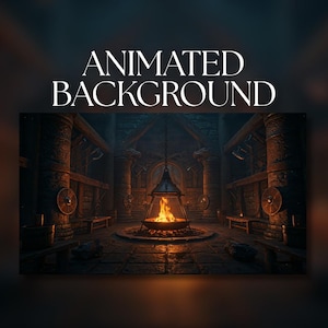 Fondo animado / Fogata de casa comunal vikinga / Interior de salón nórdico / Escudos vikingos / Descarga digital MP4 para streaming / AB477