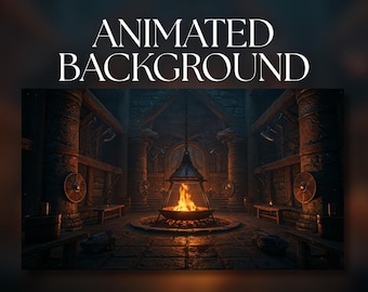 Fundo animado | Lareira de casa comunal viking | Interior de salão nórdico | Escudos vikings | Download digital em MP4 para streaming | AB477