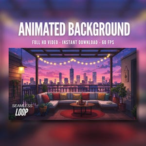 Animated Background | Rooftop Lounge with City Sunset View | Cozy Lights & Plants | MP4 Digital Download for Streaming | AB156