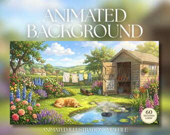 Animated Background | Cozy English Cottage Garden with Pond & Sleeping Dog | MP4 Digital Download | 003