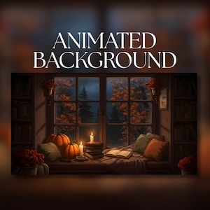 Puede incluir: Imagen de fondo animada que presenta una escena de ventana acogedora. La ventana da a un paisaje otoñal con hojas naranjas y amarillas. Calabazas, velas y libros están en el alféizar, con el texto "ANIMATED BACKGROUND" en la parte superior.